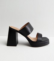 New Look Black Leather-Look Platform Block Heel Mules